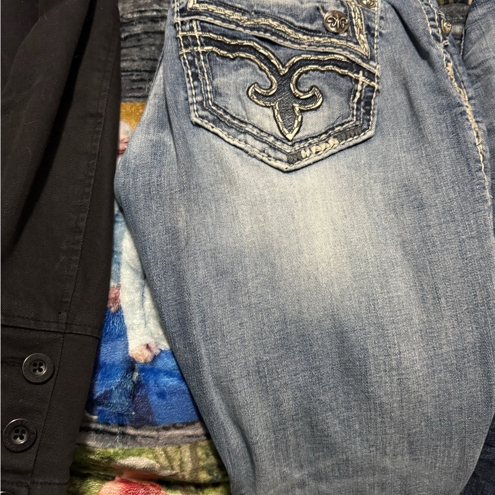 Rock Revival Blue Bootcut Jeans with Embroidered Design